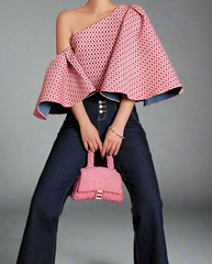 one-shoulder patterned crop top with flared sleeve - Gaxsad