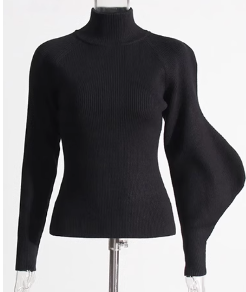 ribbed turtleneck top with sculptural sleeve - Gajara
