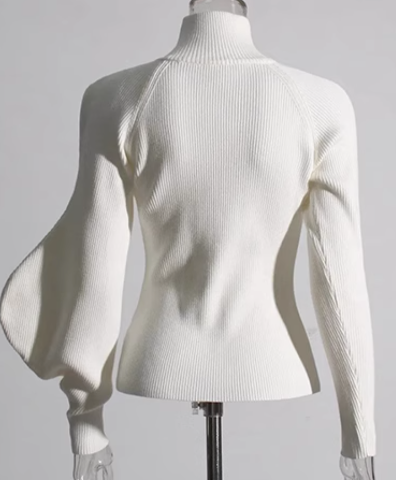 ribbed turtleneck top with sculptural sleeve - Gajara