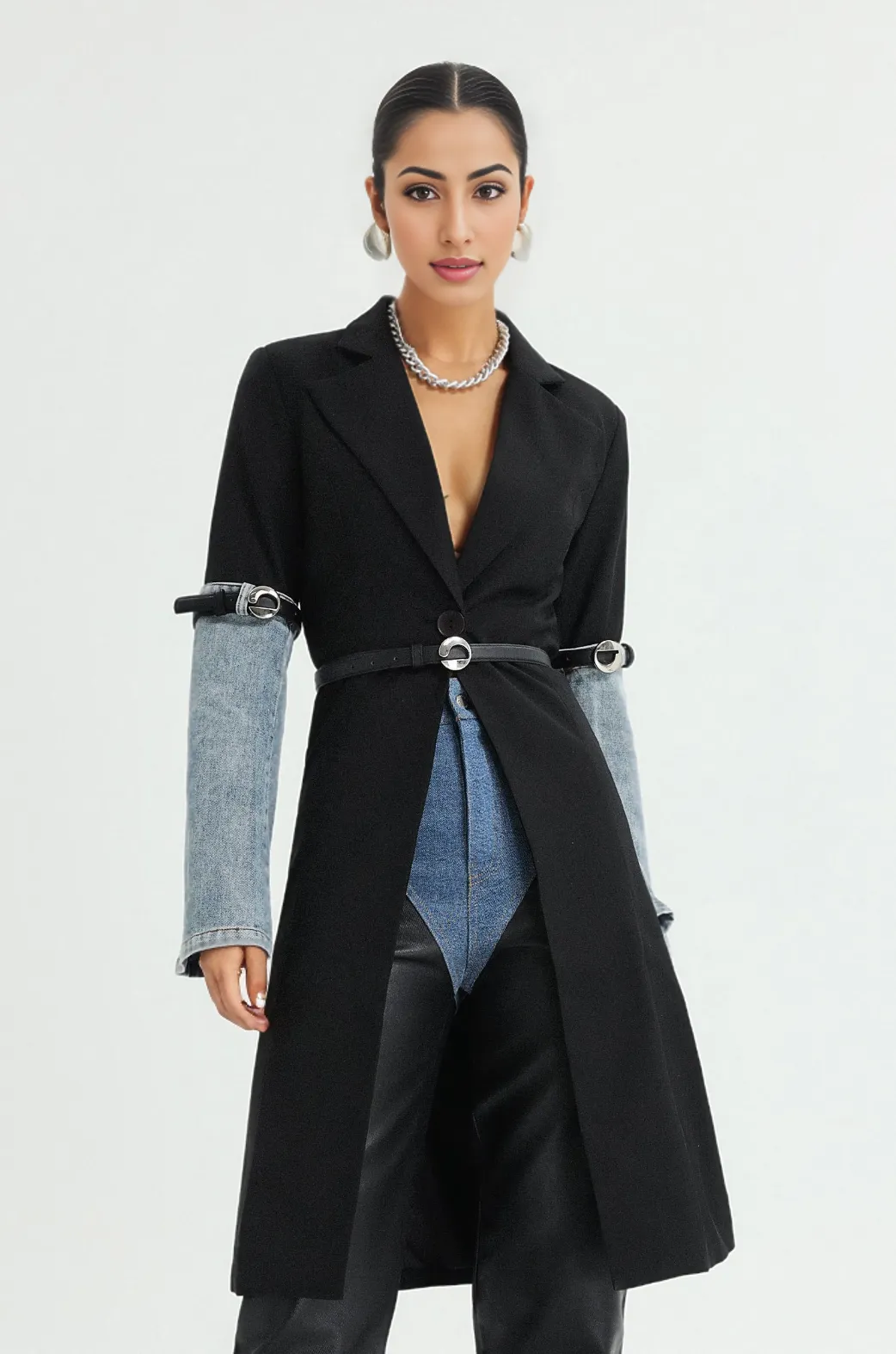 belted longline coat with denim sleeve accents - SunJung