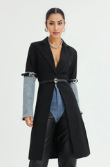 belted longline coat with denim sleeve accents - SunJung
