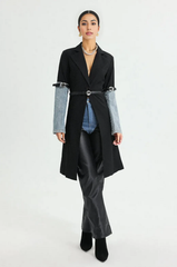 belted longline coat with denim sleeve accents - SunJung