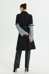belted longline coat with denim sleeve accents - SunJung