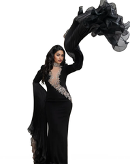 embellished plunge gown with pleated draped sleeves – Rovan