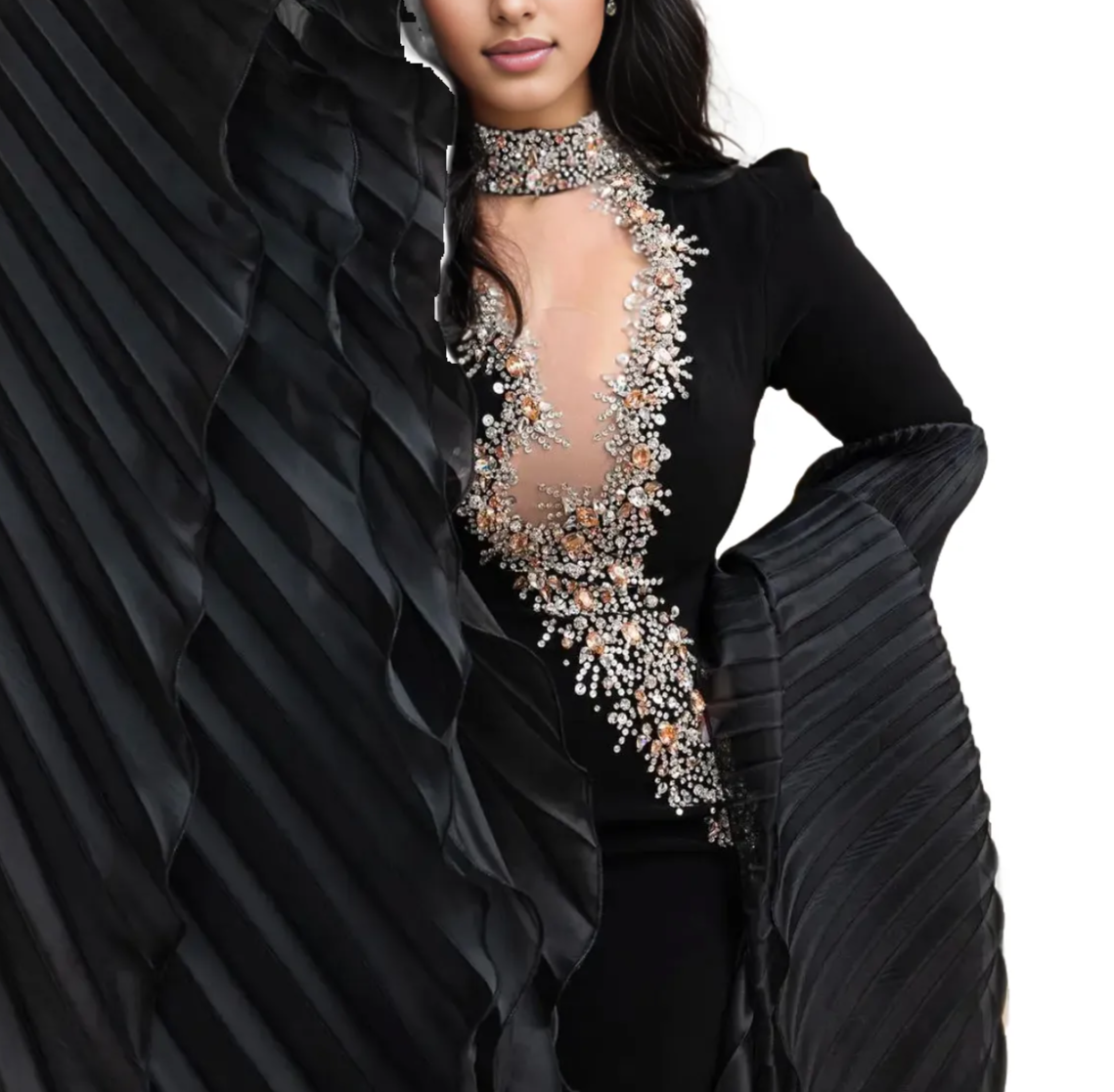 embellished plunge gown with pleated draped sleeves – Rovan