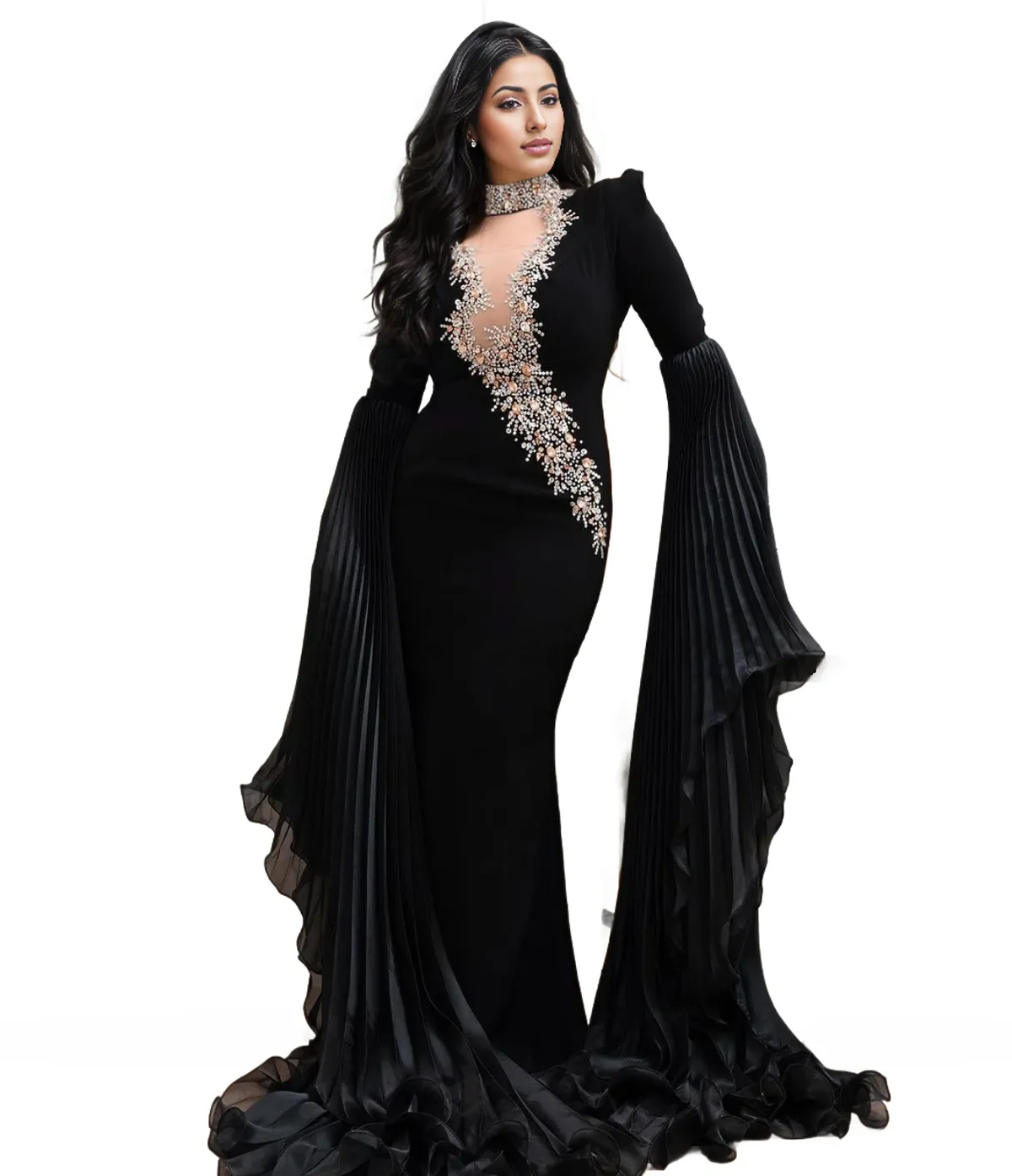 embellished plunge gown with pleated draped sleeves – Rovan