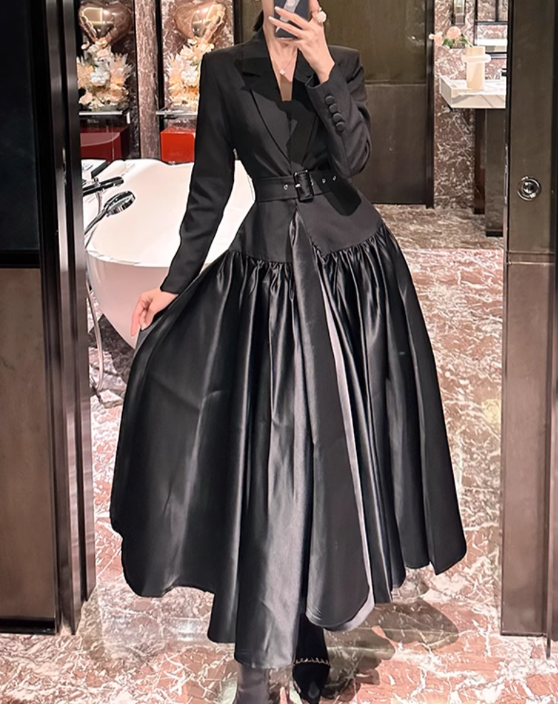 belted satin-paneled blazer gown – Gavriella