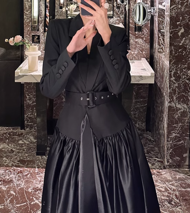 belted satin-paneled blazer gown – Gavriella