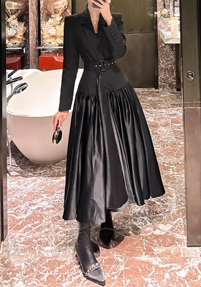 belted satin-paneled blazer gown – Gavriella