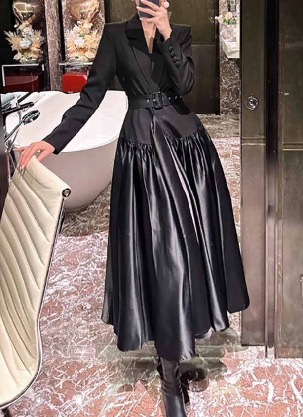 belted satin-paneled blazer gown – Gavriella