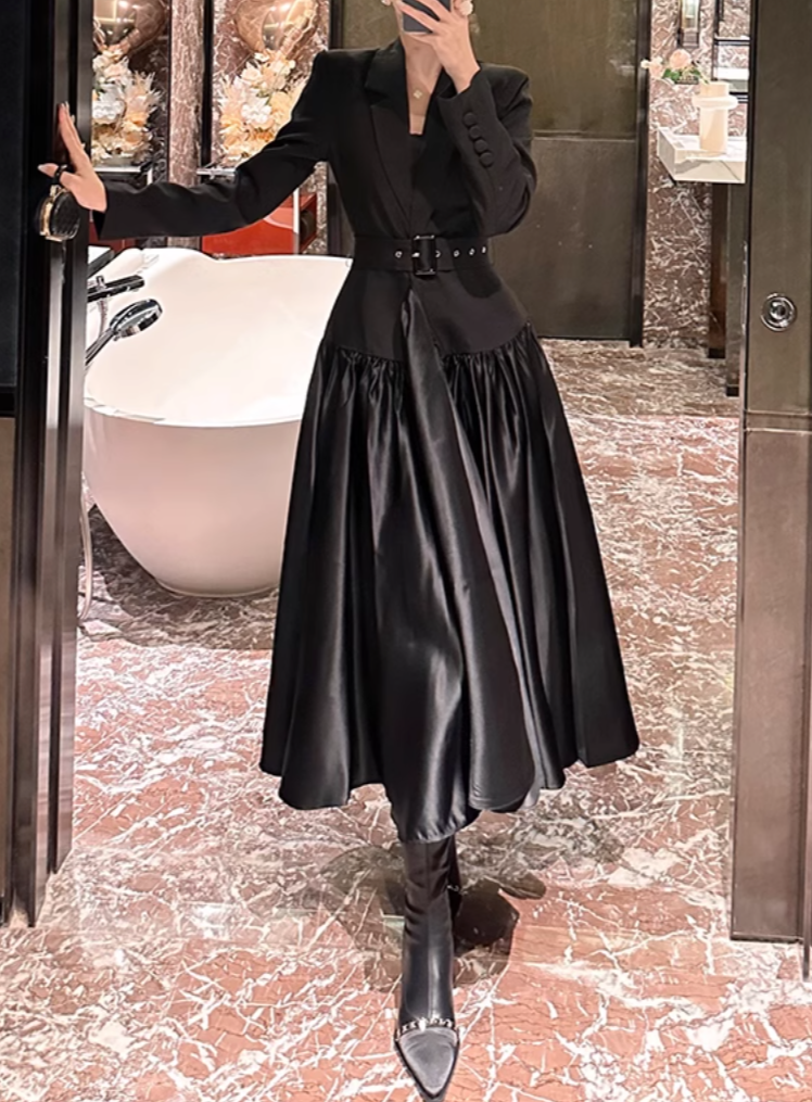 belted satin-paneled blazer gown – Gavriella