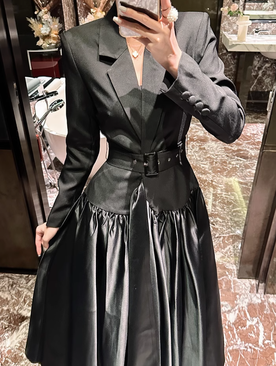 belted satin-paneled blazer gown – Gavriella