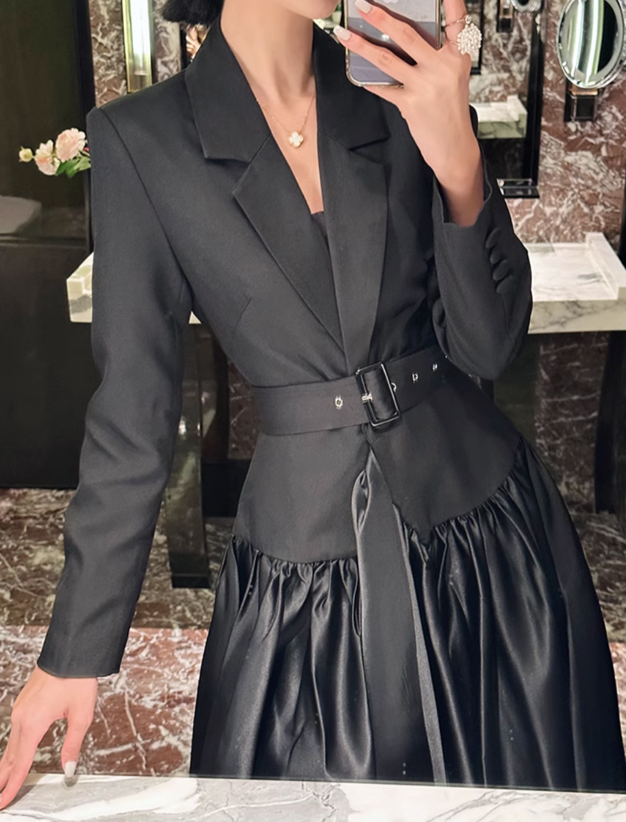 belted satin-paneled blazer gown – Gavriella
