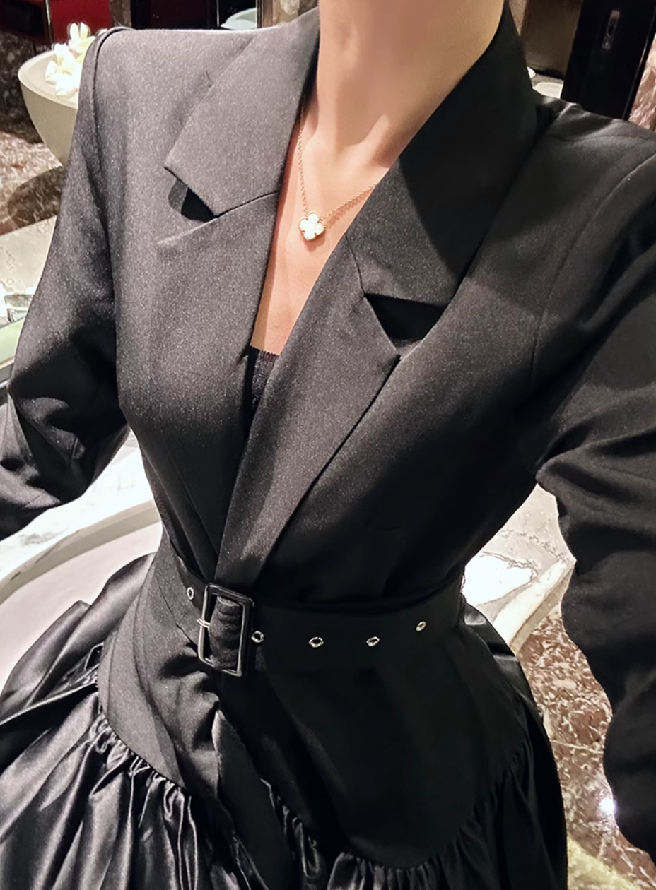 belted satin-paneled blazer gown – Gavriella