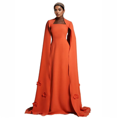square-neck cape gown with floral appliqués – Ziyon