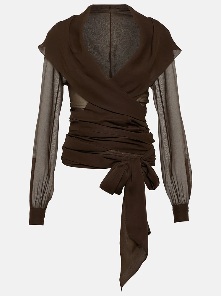 sheer wrap blouse with draped hood - Gaynor
