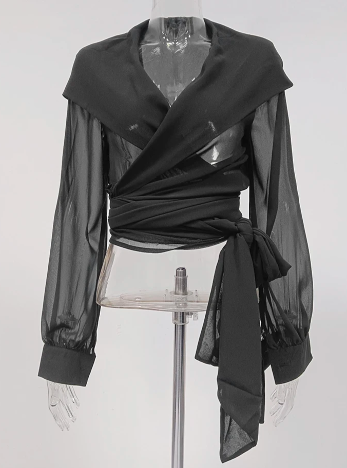 sheer wrap blouse with draped hood - Gaynor