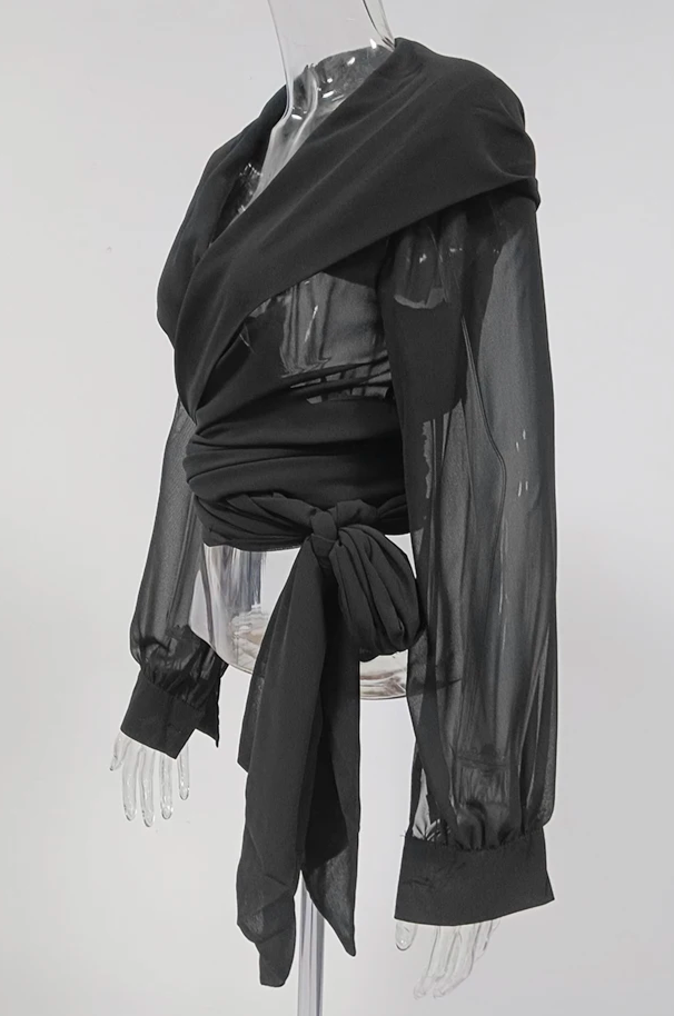 sheer wrap blouse with draped hood - Gaynor