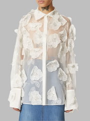 sheer organza shirt with 3D floral appliqué - Geneydr