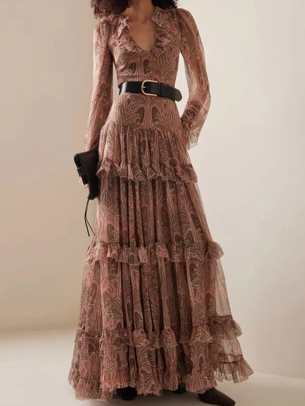 Printed ruffle-tier gown with belt – Gentiana