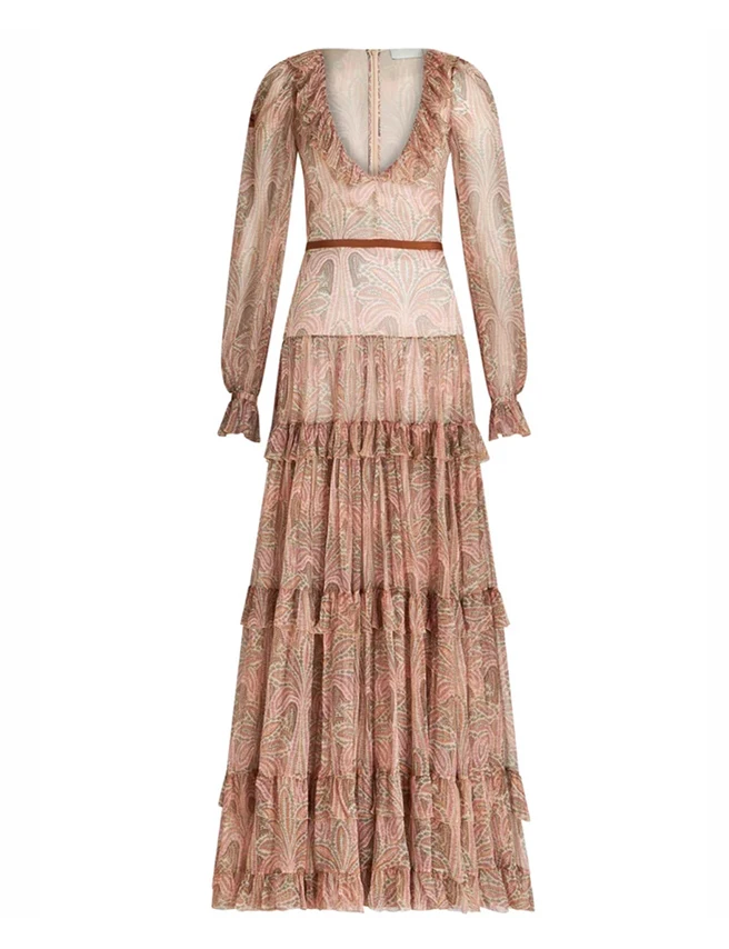 Printed ruffle-tier gown with belt – Gentiana