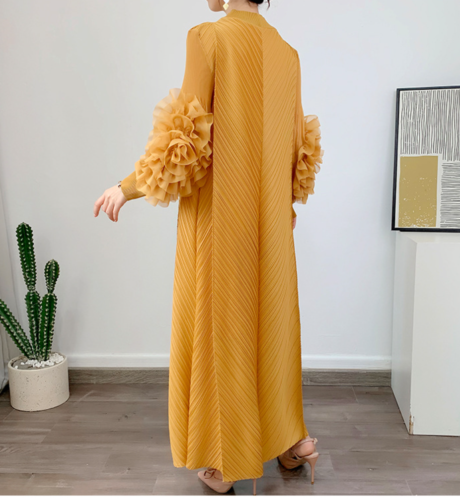 Pleated gown with 3D floral sleeves – Gerdie
