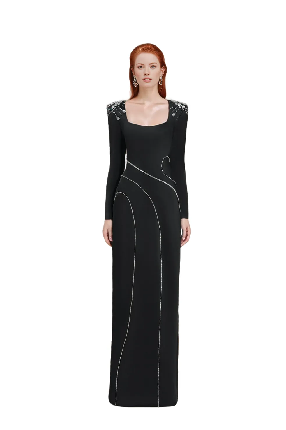 Embellished shoulder gown with curved seaming – Zaslen