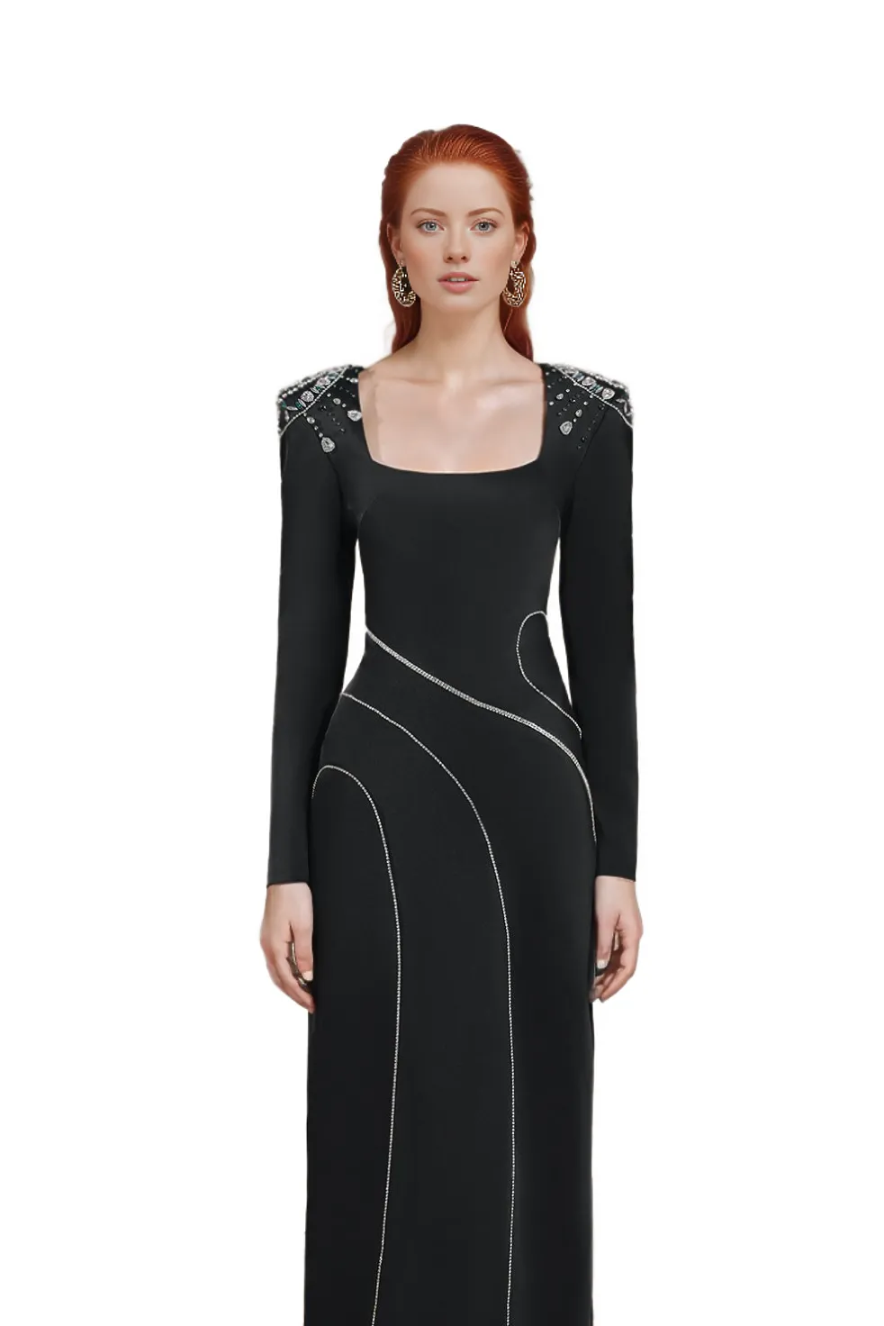 Embellished shoulder gown with curved seaming – Zaslen