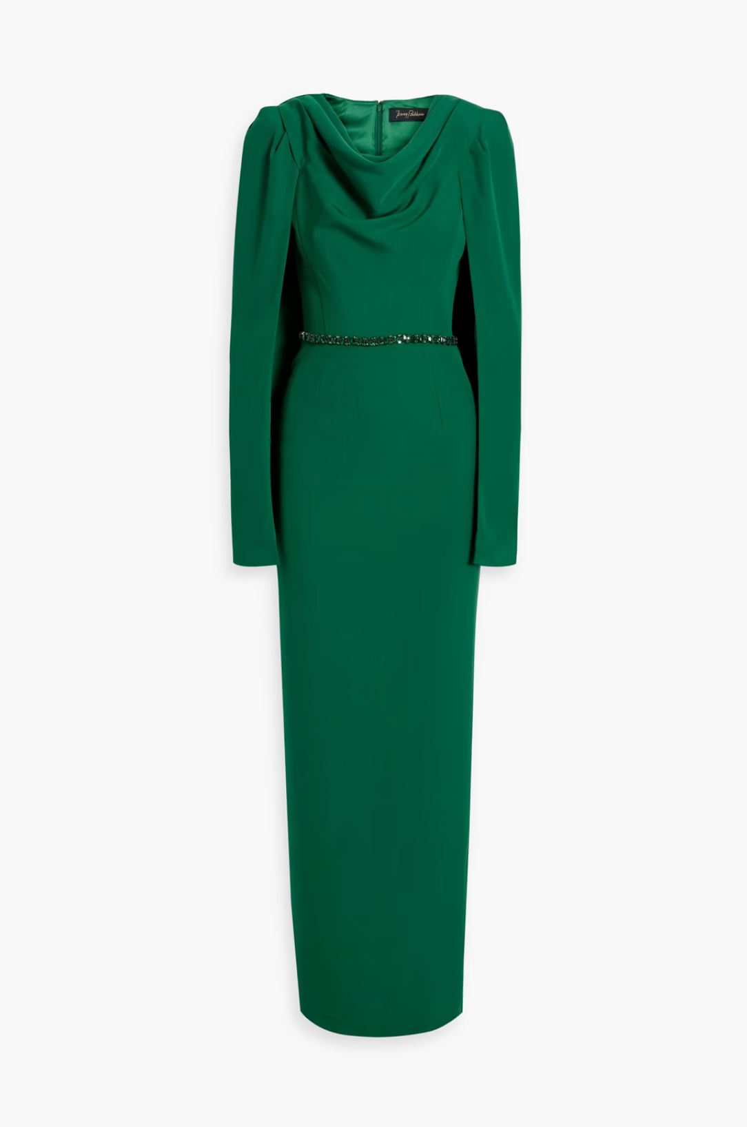 Draped cape-sleeve gown with embellished waist –Jermen