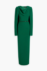 Draped cape-sleeve gown with embellished waist –Jermen