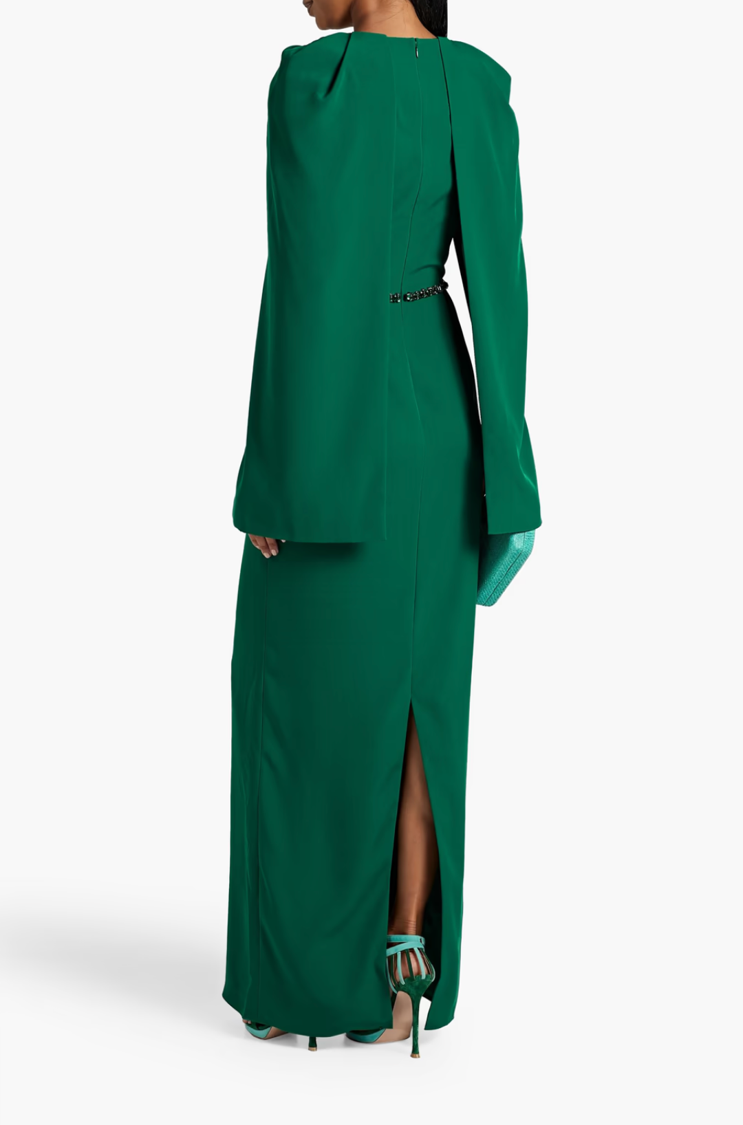 Draped cape-sleeve gown with embellished waist –Jermen
