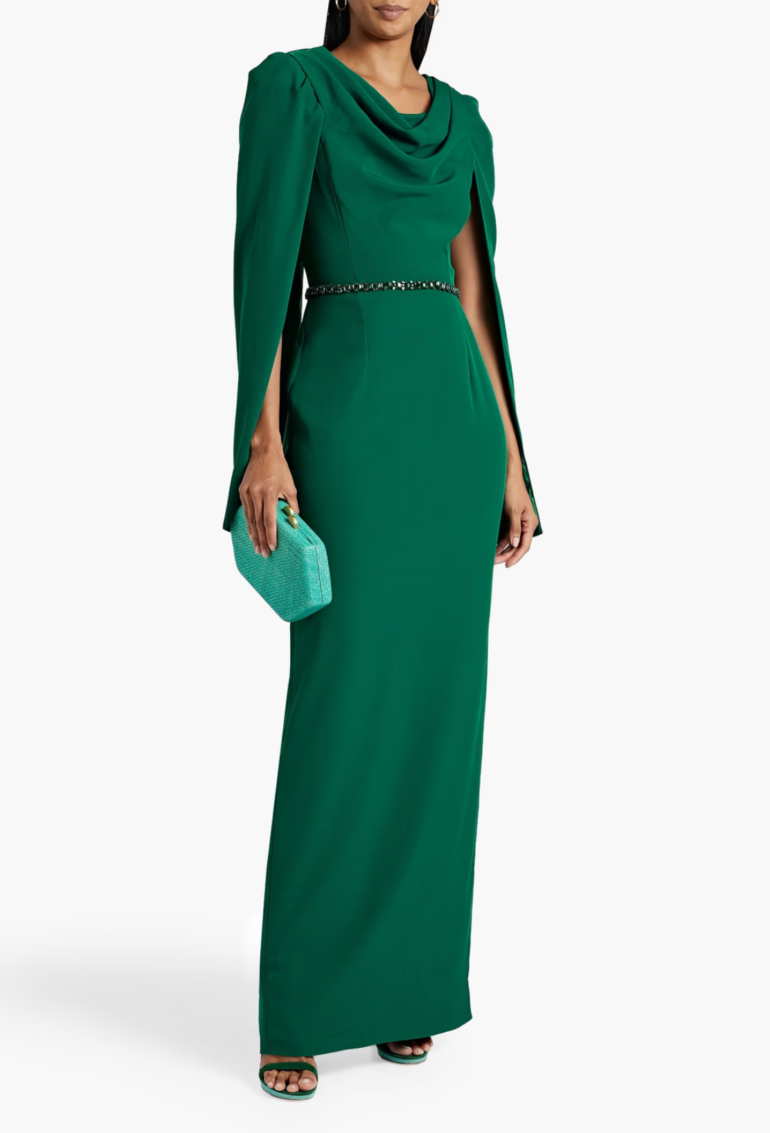Draped cape-sleeve gown with embellished waist –Jermen