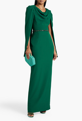 Draped cape-sleeve gown with embellished waist –Jermen