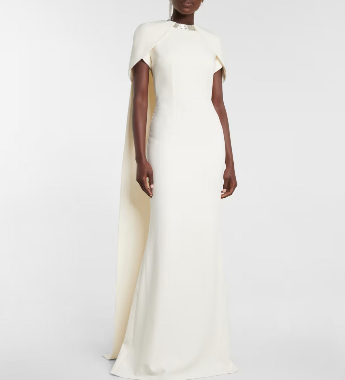 cape-back column gown with embellished neckline – Genaa