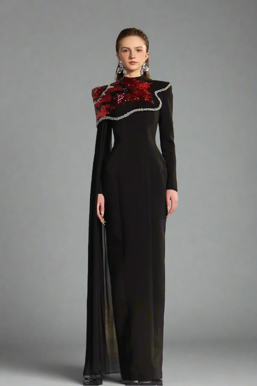 one-shoulder embellished column gown with sequin motif – REVAKTO