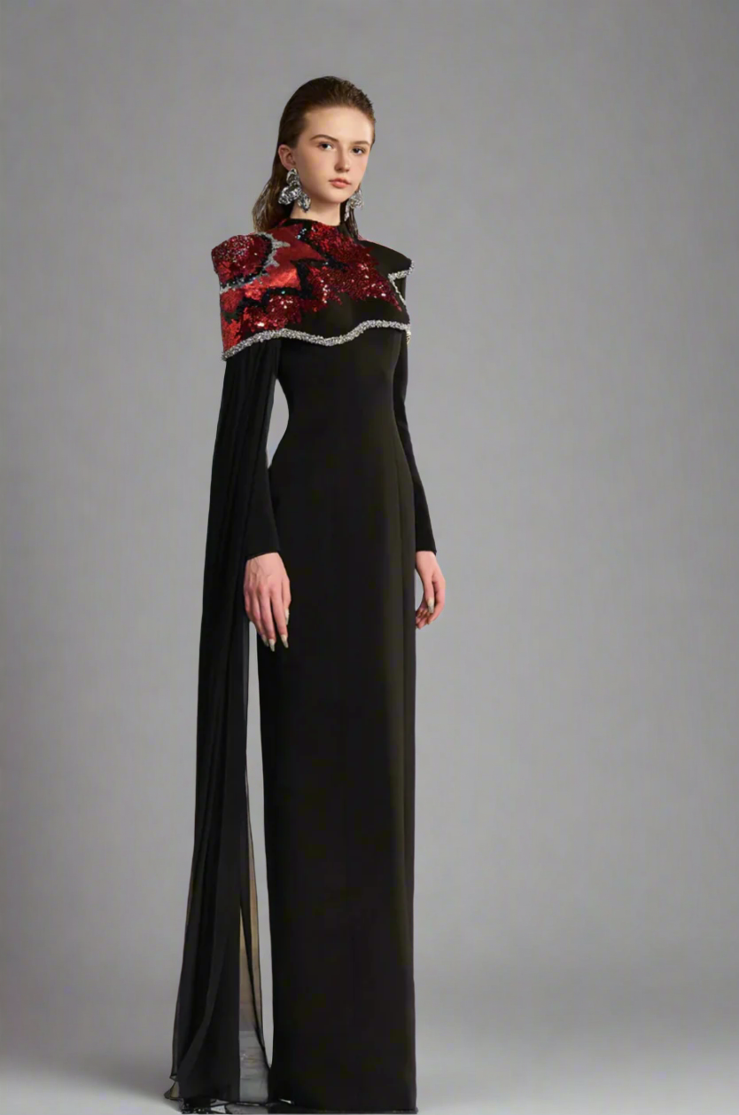 one-shoulder embellished column gown with sequin motif – REVAKTO