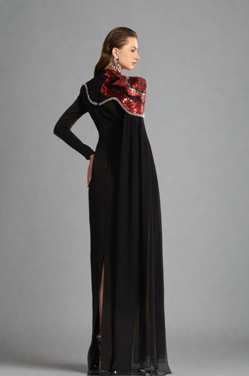 one-shoulder embellished column gown with sequin motif – REVAKTO
