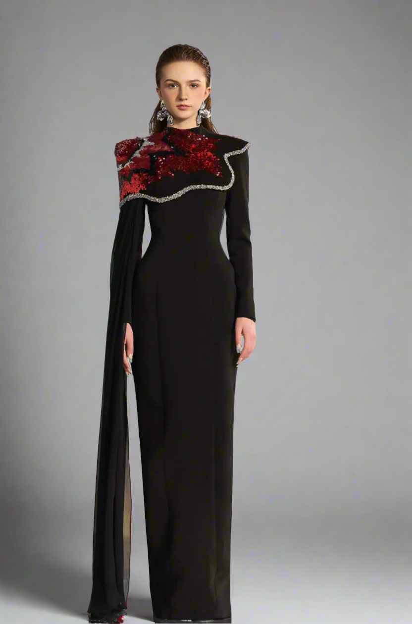 one-shoulder embellished column gown with sequin motif – REVAKTO