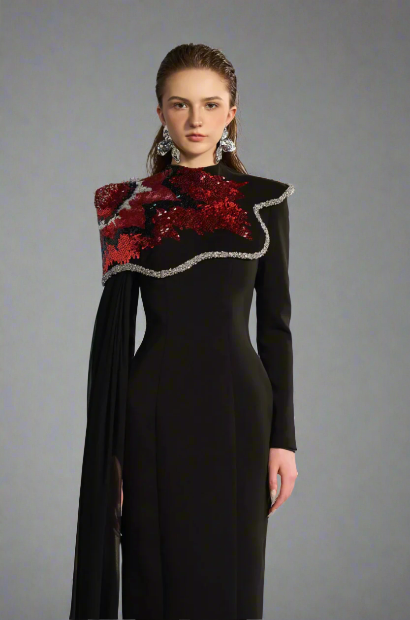 one-shoulder embellished column gown with sequin motif – REVAKTO