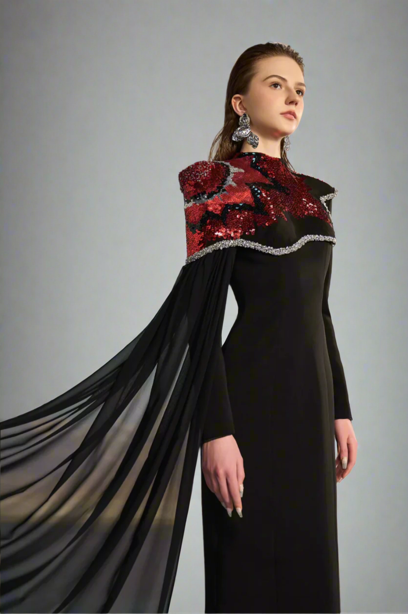 one-shoulder embellished column gown with sequin motif – REVAKTO