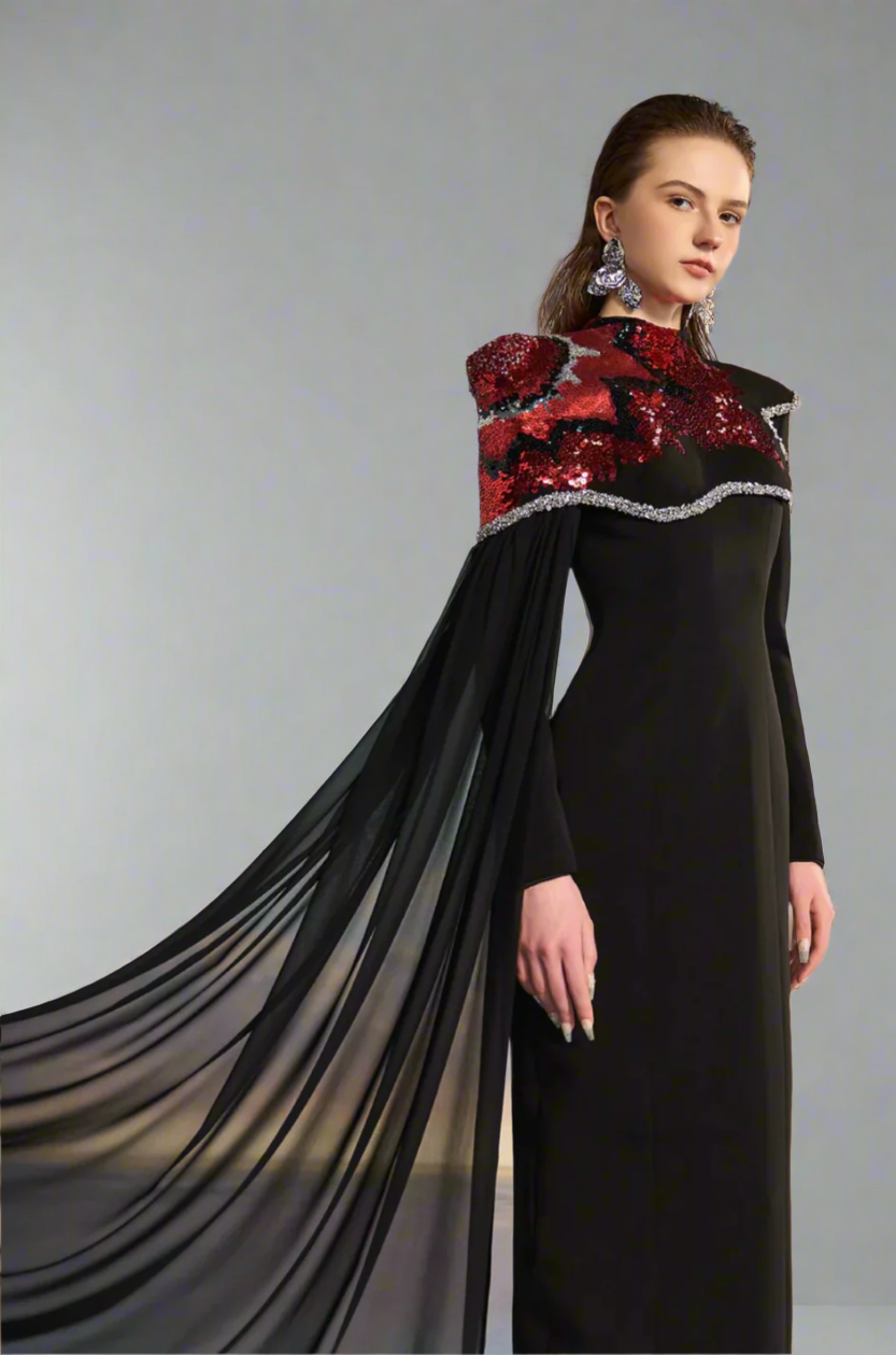 one-shoulder embellished column gown with sequin motif – REVAKTO
