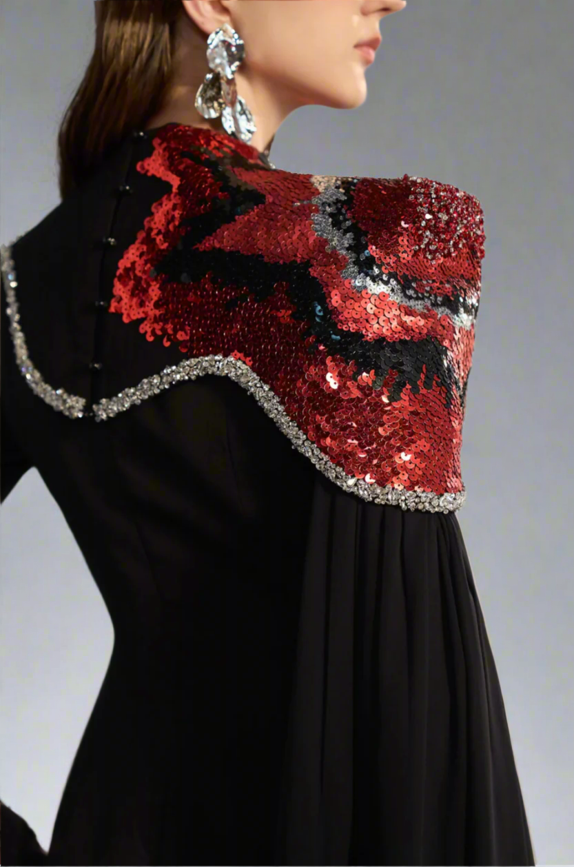 one-shoulder embellished column gown with sequin motif – REVAKTO