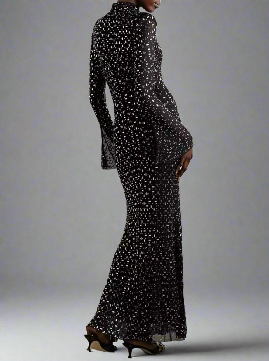 long-sleeve sequin-speckled column gown – Joran