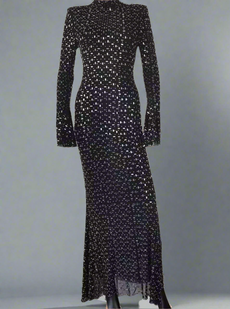 long-sleeve sequin-speckled column gown – Joran