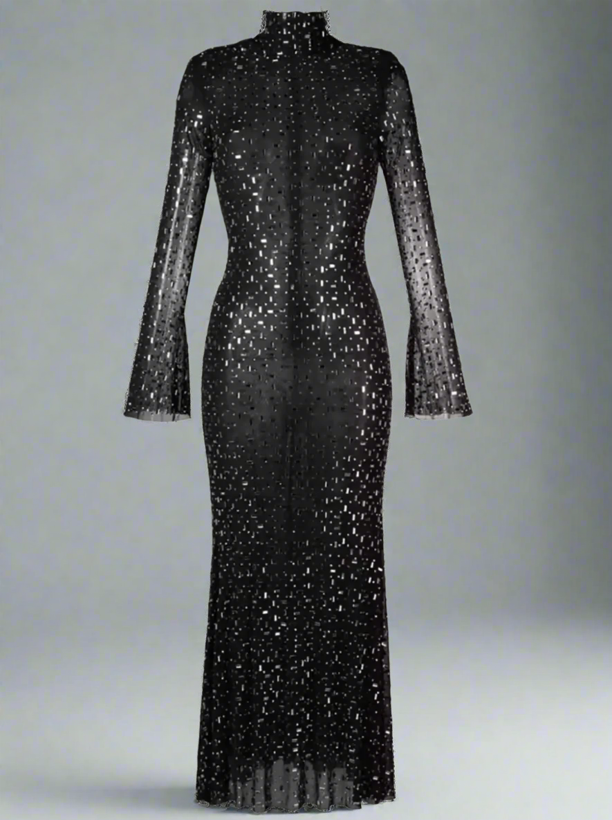 long-sleeve sequin-speckled column gown – Joran
