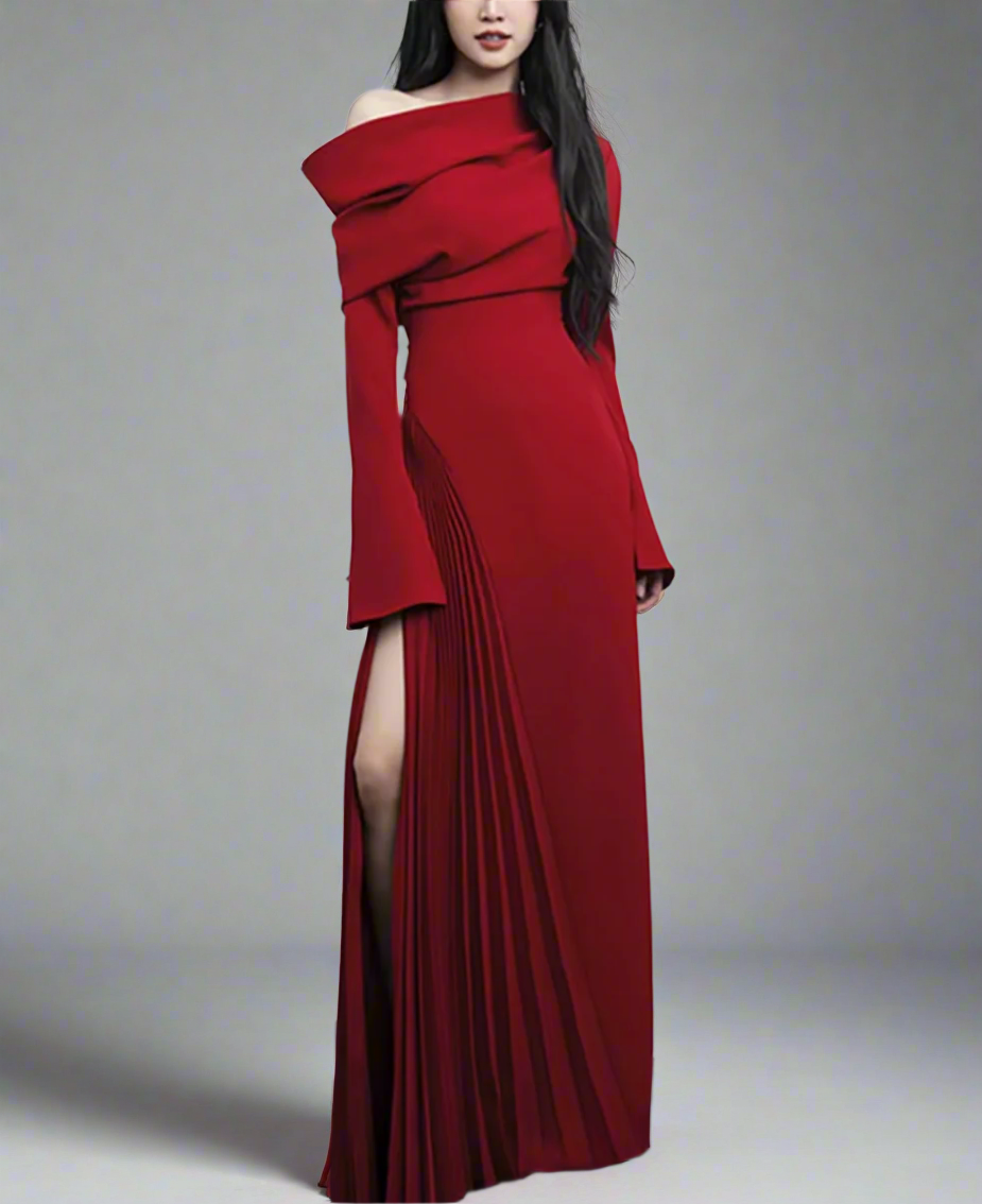 off-shoulder pleated slit gown – Rovon