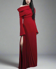 off-shoulder pleated slit gown – Rovon
