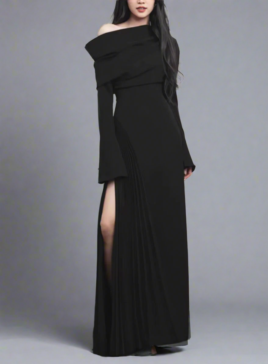 off-shoulder pleated slit gown – Rovon