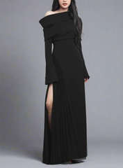 off-shoulder pleated slit gown – Rovon