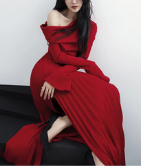 off-shoulder pleated slit gown – Rovon